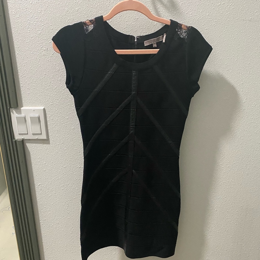 STRETTA BLACK BANDAGE DRESS WITH LACE AND FAUX LEATHER DETAILS SIZE M